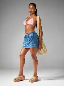 MISSGUIDED Embroidered Denim Mini Skirt Y2K Aesthetic Floral Design Elastic Waist Flared Beach Festival Summer Holiday Pull On Lightweight Casual Daisy Embellished Skater Style - Blue - View 4