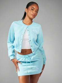 MISSGUIDED Varsity College Style Co Ord Tracksuit With Popper Front Logo Embroidered Drawstring Mini Skirt Two Piece Set For Spring Autumn Casual