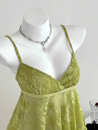 Elamini Women's Y2K Summer Sexy Green Lace Vintage Y2K Style Asymmetrical Hem Cami Vacation Camisole