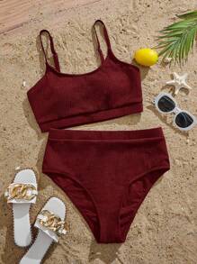 Swim Vcay Plus Size Summer Vacation Beach Solid Ribbed Camisole Bikini Set