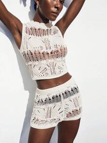 Maija 2025 Summer New Women 2pcs Set Fitted Hollow-Out Knit Top & Shorts, Fashionable Casual Beachwear, Suitable For Urban Commute & Daily Wear Festival - Beige - View 6
