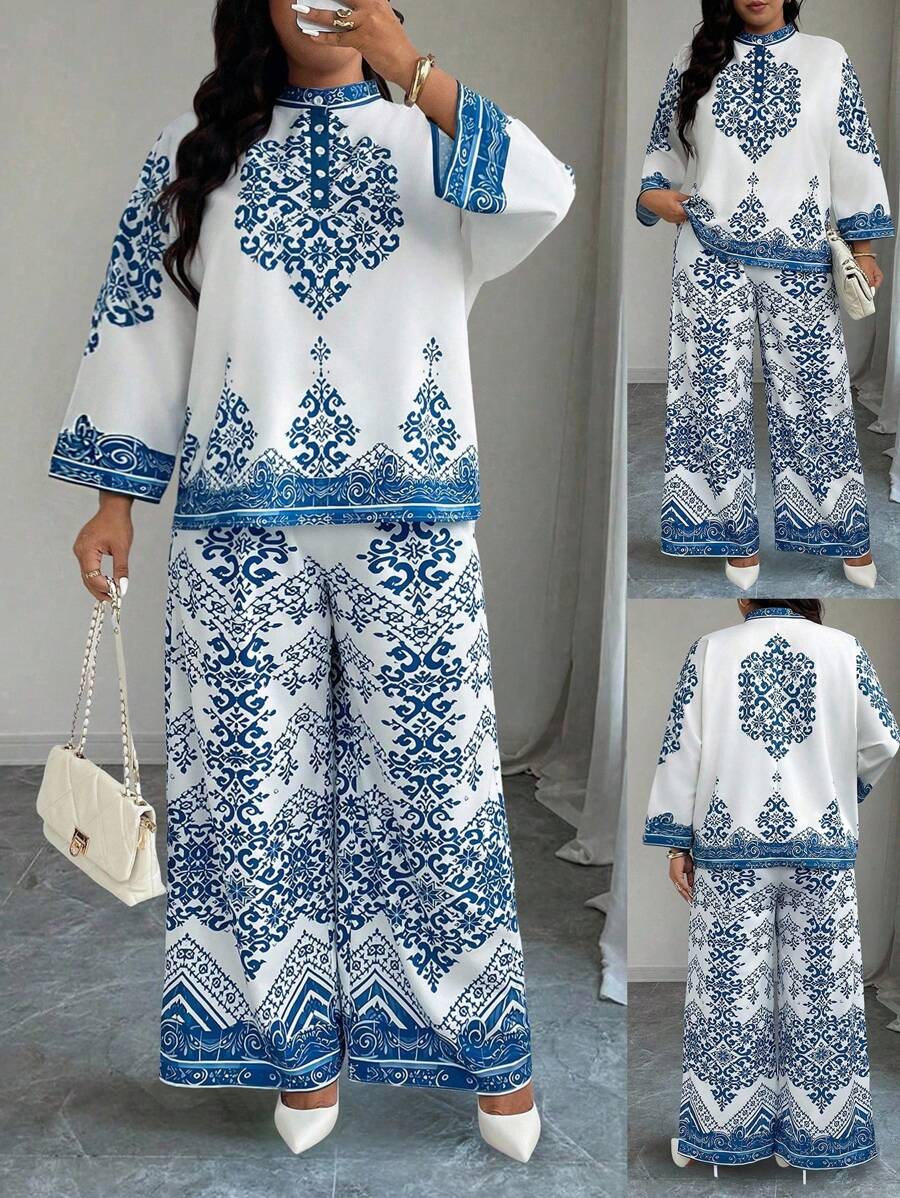 Elenzga 加大码女式衬衫长袖圆领纽扣领定位印花和直筒裤优雅休闲装 - 彩色 - 查看 1