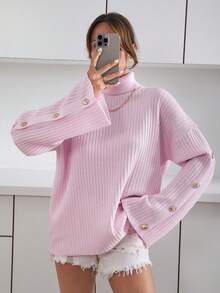 EURMUSE 女士淡粉色纽扣休闲毛衣 - 淺粉色 - 查看 4