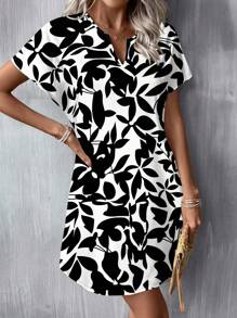 SHEIN LUNE Casual Floral Print V-Neck Short Dress For Women, Suitable For Spring & Summer - Multicolor - View 3