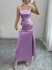 Rafferiza Váy suông bó sát màu sâm panh thanh lịch, xẻ tà hai bên bằng vải crepe co giãn - Màu tím - Xem 3