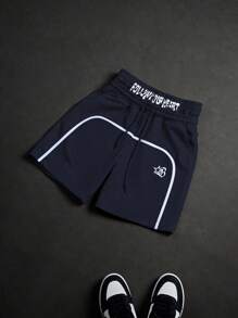 PAVTROS 印花抽绳腰宽松休闲男士短裤，夏季 - 藏蓝色 - 查看 4