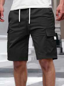 Manfinity Homme 男式纯色松紧腰带口袋工装短裤 - 黑色 - 查看 5