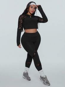 Easithlete 大码女式几何网眼拼接短款上衣和紧身裤运动套装健身女式套装 - 黑色 - 查看 7