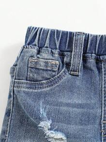 SHEIN Pantalones cortos elásticos de mezclilla azul desgastados y rasgados con estilo callejero vintage para niños, para el otoño, para el streetwear de bebé, de vuelta a la escuela - Azul lavado medio - Ver 4