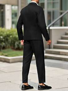 Manfinity Bizformal Men's Solid Color Regular Shoulder Business Casual Suit Jacket And Pants Set - Black - View 2
