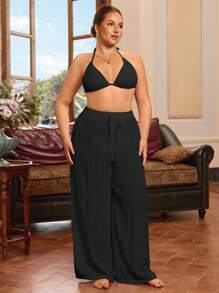 Swim Chiccia Plus Size Women Vacation Leisure Solid Color Minimalist Knot Caftan And Pants Women Casual Pants For Summer - Black - View 4