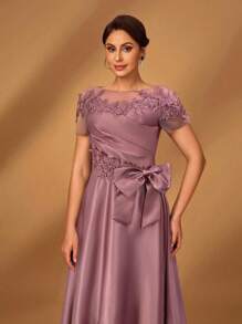 Serin Elegant Luxurious Romantic Mesh Patchwork Satin Pleated Beaded Sequins Applique Short Sleeve Bow A-Line Hem Dress, Suitable For Evening Party, Dating, Vacation, Ball, Music Festival, Wedding, Mother Of The Bride