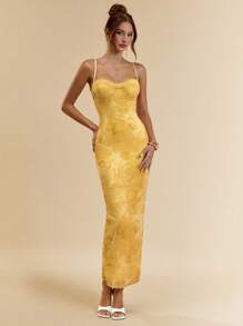 SHEIN BAE Đầm dài ôm vừa vặn họa tiết hoa gợi cảm in ren có dây mảnh dành cho nữ, thiết kế cổ điển, mùa hè - Màu vàng - Xem 3