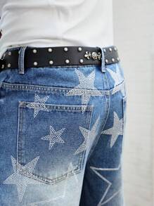 ROMWE MEN Street Life Shorts in jeans casual e ampi con stampa a pentagono sulla tasca, da uomo - Blu - Visualizzare 3