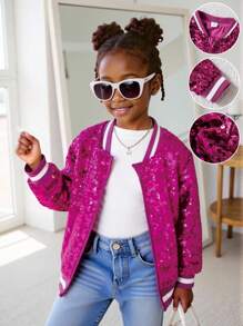 1pc Girls Striped Ribbed Collar & Hem Knitted Lining Pink Long Sleeve Zip-Up Jacket With Sequins, Fashion Versatile, Can Be Worn Alone With Skirt, Or Layered Over T-Shirt, Dress, Suitable For Spring/Autumn Casual Outings Or Holiday Parties Girls Sequin Jacket Girls Bomber Jacket Kids Sequin Jacket Sequin Bomber Jacket Sparkling Clothes For Kids Fall Winter