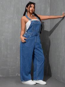 SHEIN CURVE+ Plus Size Women Cowgirl Blue Denim Sleeveless Jumpsuit, Non-Stretchy Casual Overalls For Spring - Blue - View 5