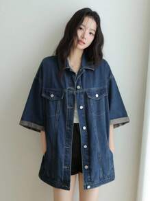 SHEIN Unity Áo khoác denim rộng rãi, giặt thường ngày cho nữ, Áo khoác denim nữ cho giáo viên, Áo khoác nữ cho giáo viên, Áo khoác mùa thu cho trường học - Rửa trung bình - Xem 5