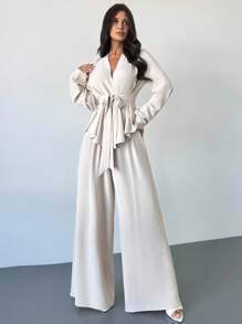 Firerie Bộ đồ nữ thanh lịch, rộng rãi, màu mơ, gồm áo dài tay và quần, gồm 2 món. - trắng - Xem 8