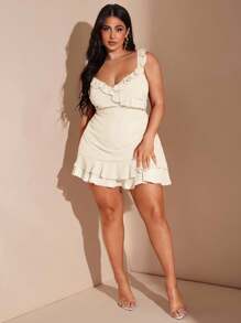 SHEIN BAE 大码女式优雅、浪漫、性感 V 领可爱百搭红色荷叶边下摆迷你连衣裙，日常穿着、海滩度假、派对短裙，春夏季 - 杏色 - 查看 5