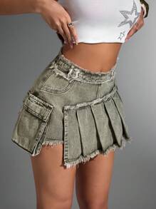 SHEIN ICON 女士夏季时尚不对称下摆牛仔迷你裙 - 軍綠色 - 查看 6