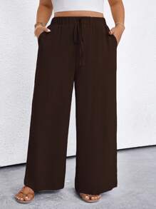 EMERY ROSE Plus Size Women's Solid Color Tie Waist Pocket Wide Leg Pants Fall Cloth For Women - Brown - View 4