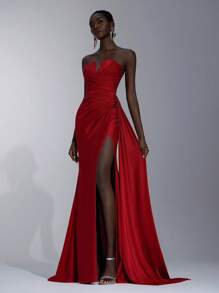 Elitara Women's Elegant Red Shiny V-Neck Gown,Luxurious Elastic Knit Bra Cup Boned Pleating High Slit Fish Tail Dress For Formal Events,Weddings & Galas - Burgundy - View 5