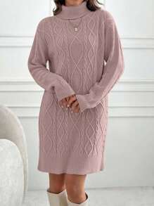EURMUSE Knitwear Dress With Folded Neck And Cable Pattern,Winter Dresses For Women,Petite - Baby Pink - View 3