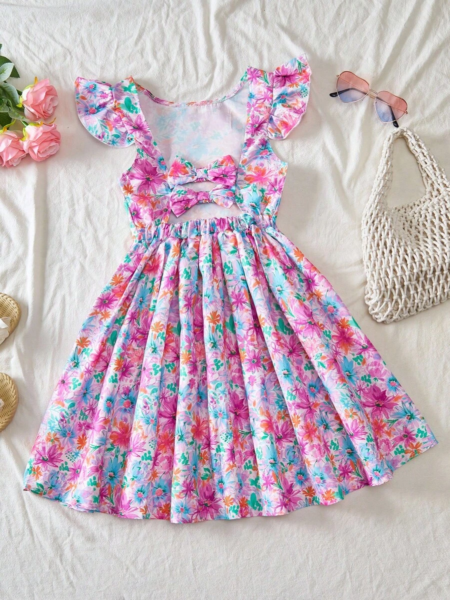 SHEIN Đầm tay lửng in họa tiết hoa cho bé gái đi nghỉ mát có nơ sau lưng - Màu Hồng Tươi - Xem 1