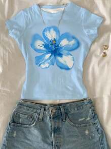 青少年女孩修身休闲简约法国蓝色天使雕像，花卉印花，清凉度假热带蓝色水彩花卉，蓝色贝壳定位印花，3 件套青少年女孩修身休闲舒适圆领贴身长袖 T 恤套装适合夏季 - 彩色 - 查看 4