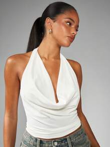 MISSGUIDED 围脖领口露背上衣短款露背背心夏季晚会俱乐部装无袖衬衫系带休闲时尚 - 杏色 - 查看 5