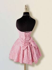 SHEIN ICON Đầm suông dự tiệc trà họa tiết hoa babydoll màu hồng dành cho nữ, váy xòe nơ thanh lịch, không dây, chất liệu jacquard nhún bèo hoa - Hồng - Xem 1