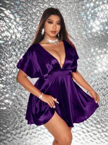 Viva Relle Plus Size Sexy Solid Color Short Party Dress, Romantic - Purple - View 1