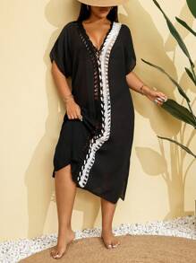SHEIN Swim Curve Plus Size Women Hand Crochet Beach Cover Up For Summer Beach Vacation - Black - View 1