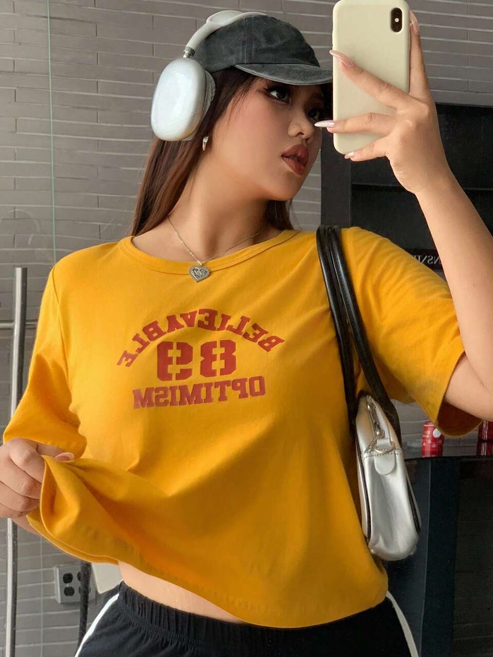 Dazy Plus Large Numeral & Letter Print Fitted Round Neck Short Sleeve Yellow Summer T-Shirt