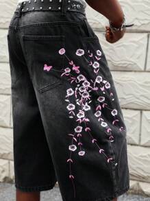 ROMWE MEN Street Life Jeans de mezclilla holgados informales con bolsillo con bordado floral para hombres - Negro - Ver 3
