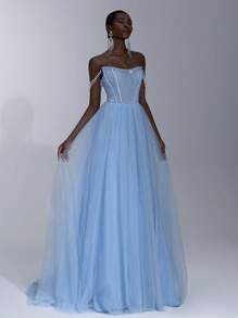 Elitara 奢华优雅的海蓝宝石网眼材质圆领水钻装饰紧身胸衣，配有可调节吊带，透视裙摆 A 字形正式晚礼服（大量装饰） - 藍色 - 查看 5