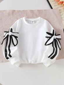 SHEIN 2 件套年轻女孩针织简约 3D 蝴蝶结圆领长袖运动衫和黑色裤子套装，时尚秋季服装 - 白色 - 查看 4