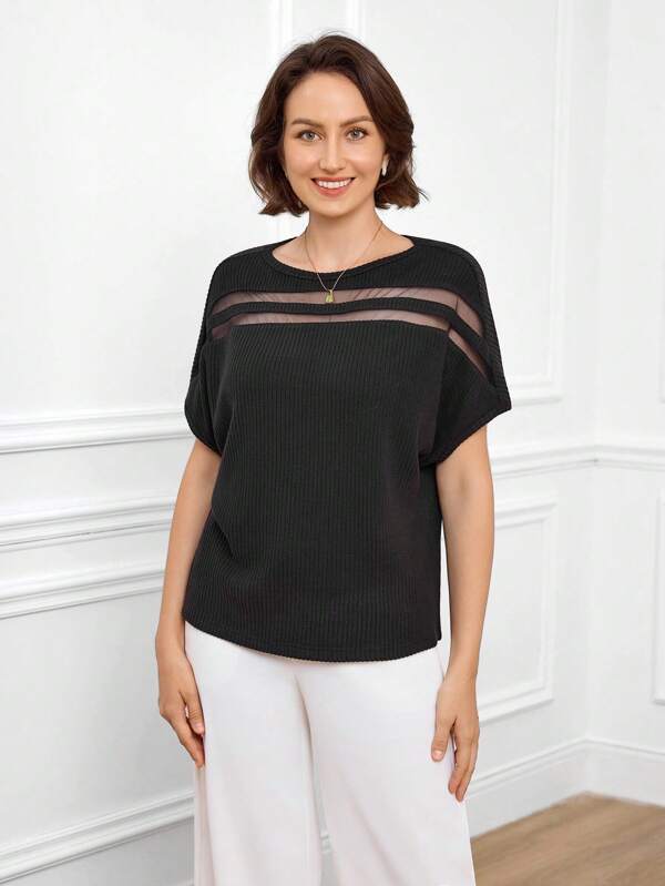 Miaspire 女士圆领网眼拼布女士优雅 T 恤秋季女士优雅街头派对场合女士端庄上衣女士教师秋季上衣连体裤短袖百搭黑色上衣母亲节礼物妈妈秋季