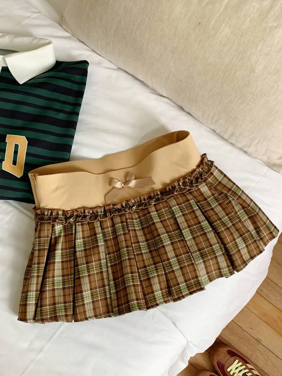 Comfortcana Váy mini in họa tiết kẻ caro thắt nơ cổ điển cho nữ, mùa hè - Nhiều màu - Xem 1