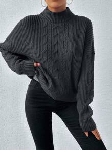 EURMUSE 女式纯色休闲高领麻花针织落肩毛衣 - 深灰色 - 查看 3