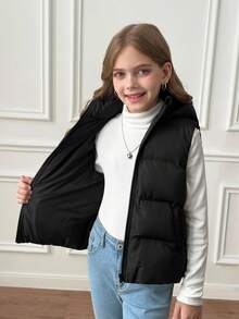 SHEIN 青少年女孩休闲舒适时尚合身短款连帽口袋绗缝黑色背心夹克 - 黑色 - 查看 10