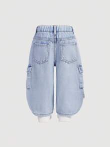 SHEIN Quần jeans cargo dáng rộng, thoải mái, phong cách đường phố Hàn Quốc cho bé trai mùa thu đông, chất liệu denim xanh nhạt, mềm mại, dễ thương, có dây rút ở eo, nhiều túi, sản phẩm mới, thích hợp cho mùa tựu trường, phong cách đường phố. - Rửa nhẹ - Xem 2
