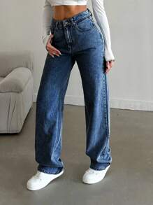EURMUSE Casual Washed Straight Leg High Waist Jeans - Medium Wash - View 4