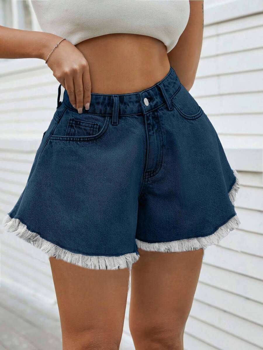 SHEIN Cottnline 99%Cotton FRAYED HEM LOOSE MINI SHORT - Medium Wash - View 1