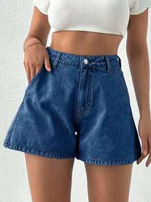 EURMUSE 100%纯棉斜口袋纽扣雪花洗牛仔短裤 - 寶藍色 - 查看 6