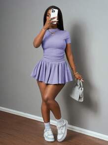 Slaydiva 新款春夏休闲基础款运动风T恤，简约圆领短袖设计，两侧褶裥短款T恤搭配前后短款中长伞裙，浅灰色罗纹针织面料。女士加大码两件套，薰衣草色两件套，紫色两件套，薰衣草色套装，女士短裙套装，两件套裙装，返校季必备 - 紫色 - 查看 5