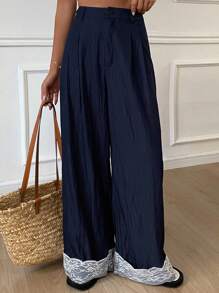 Livesso Women's Loose Contrast Lace Wide Leg Pants With Pockets, Casual Holiday Trousers For Autumn - Navy Blue - View 6