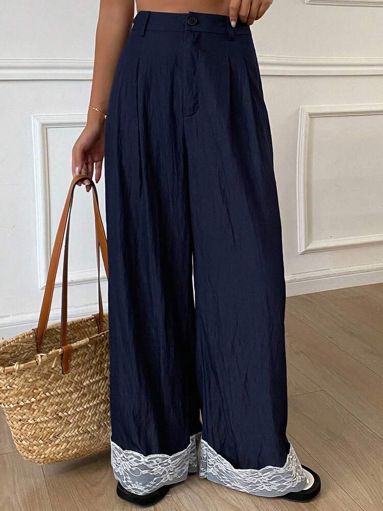 Women's Loose Contrast Lace Wide Leg Pants With Pockets, Casual Holiday Trousers For Autumn
