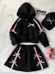 2pcs/Set Young Girl Solid Color Thermal Lined Loose Hoodie Sweatshirt And Mini Skirt Set - Black - View 9