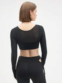 Gameset SHEIN Sport 女士纯色长袖超短运动文胸 - 黑色 - 查看 2